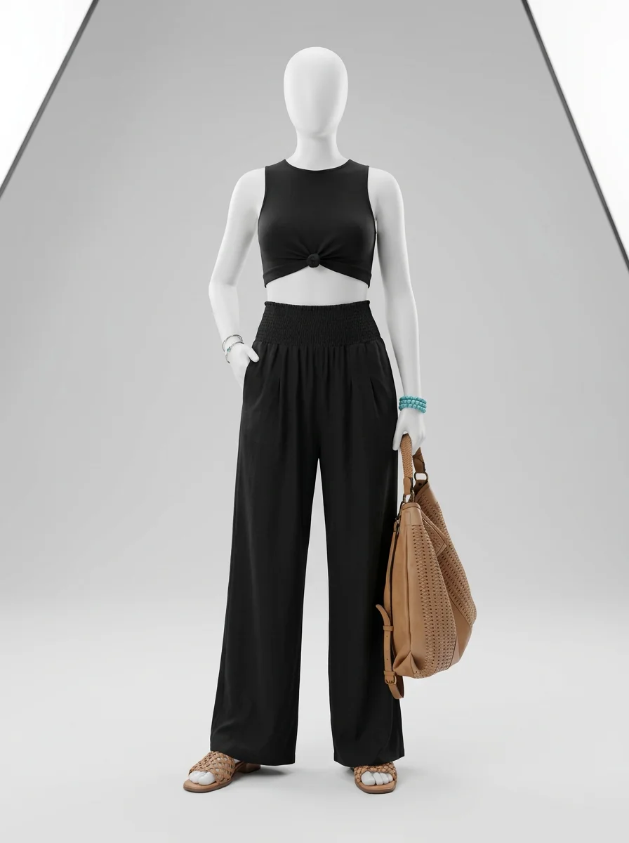 Pantalon plissé coton léger large vacances femme - Vue 6 - Pantalon plissé