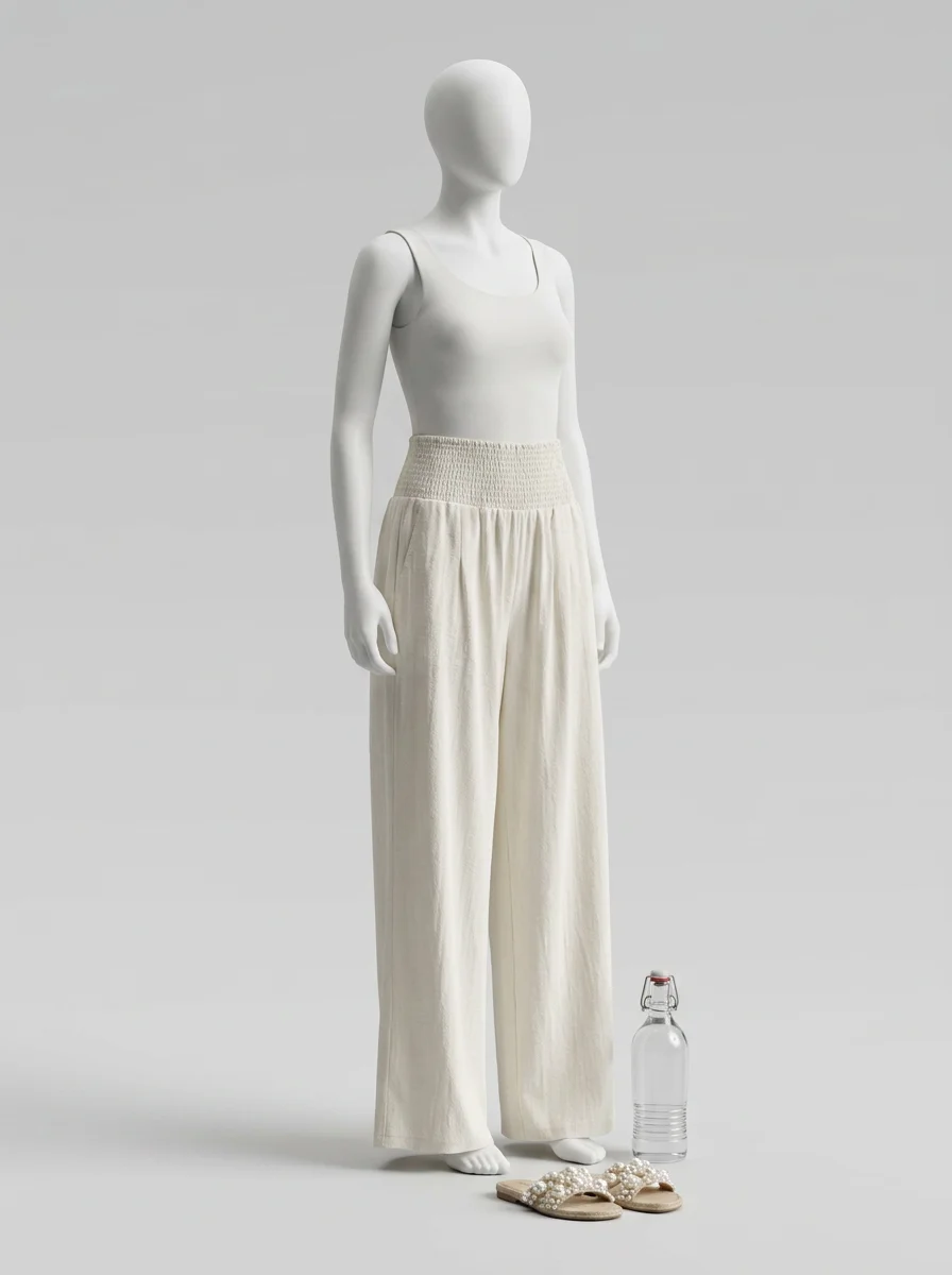 Pantalon plissé nylon coton jambe large été femme - Vue 4 - Pantalon plissé