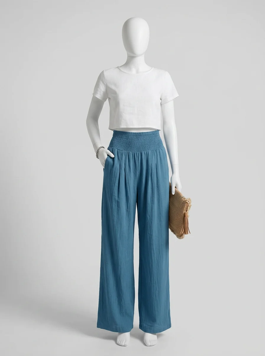 Pantalon plissé nylon coton jambe large été femme - Vue 5 - Pantalon plissé