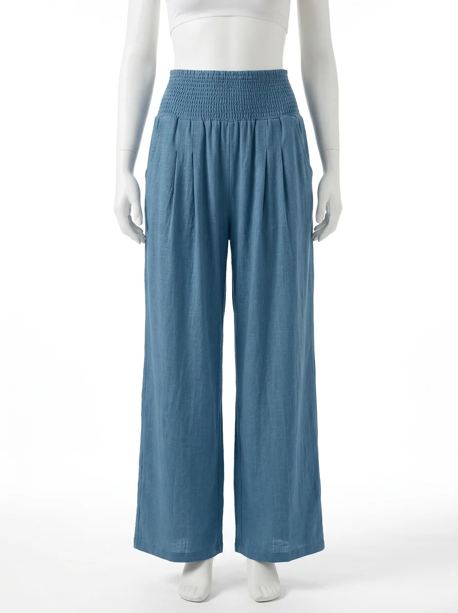 Pantalon plissé taille élastique large plage décontracté femme - Vue 1 - Pantalon plissé