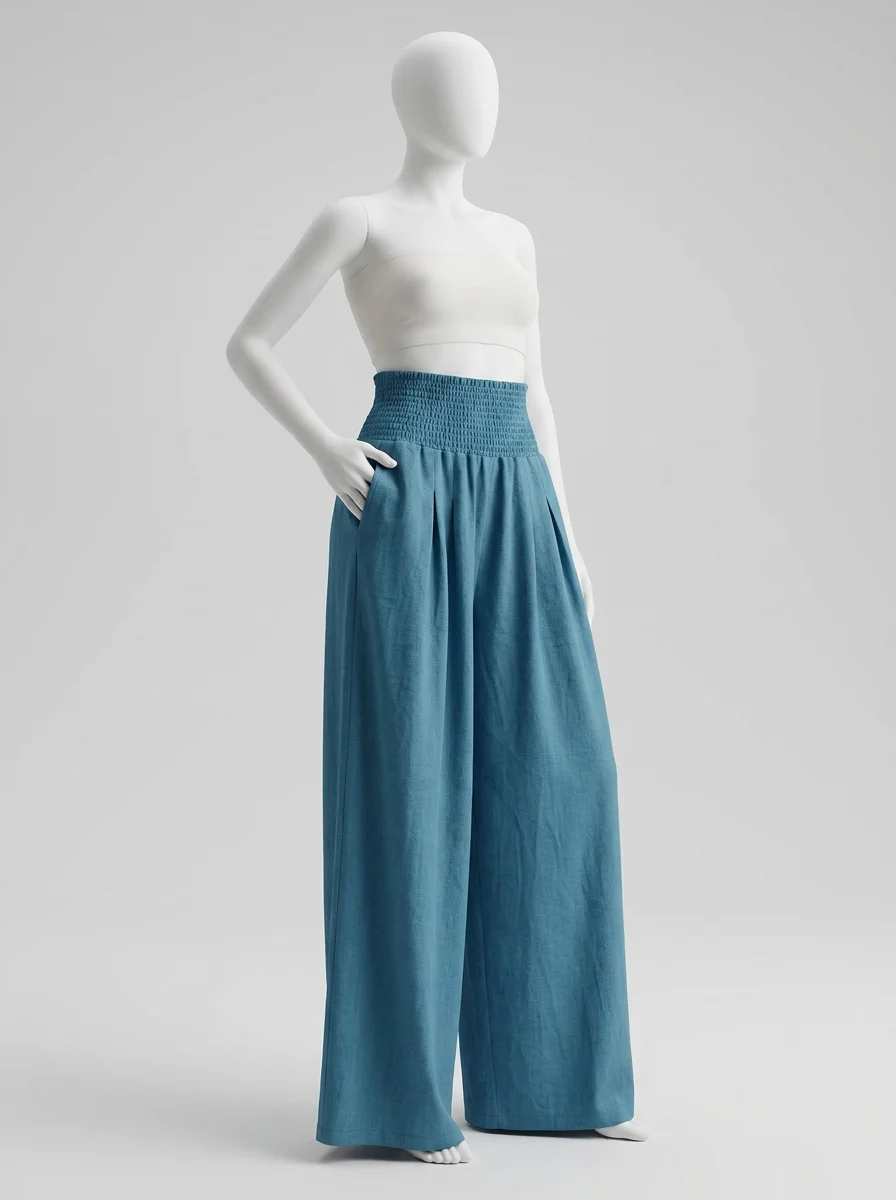 Pantalon plissé taille élastique large plage décontracté femme - Vue 2 - Pantalon plissé