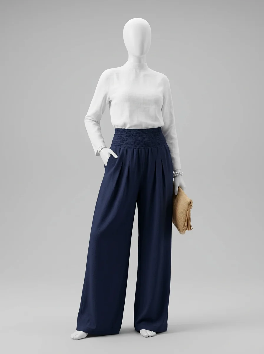 Pantalon plissé taille élastique large plage décontracté femme - Vue 9 - Pantalon plissé